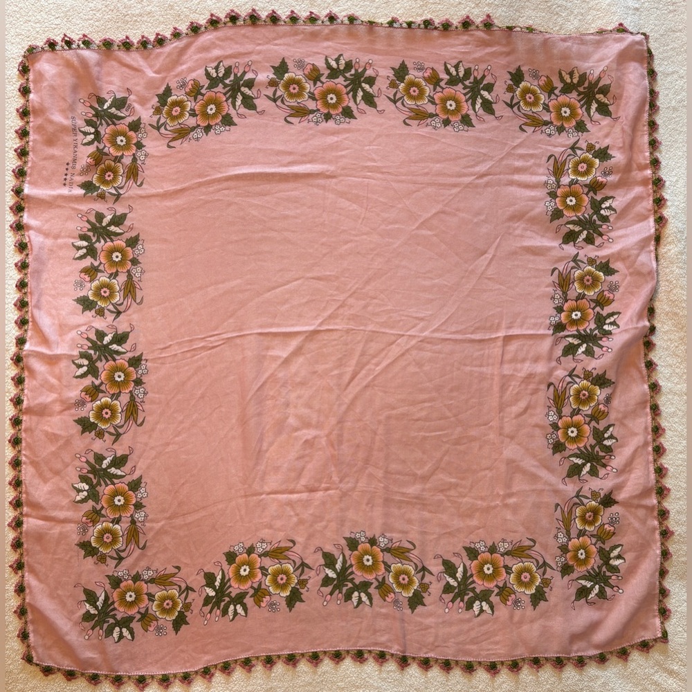 Vintage Turkish Cotton Oya Scarf, Pink Floral Print with Pink Green Lace Trim - Picture 7 of 11
